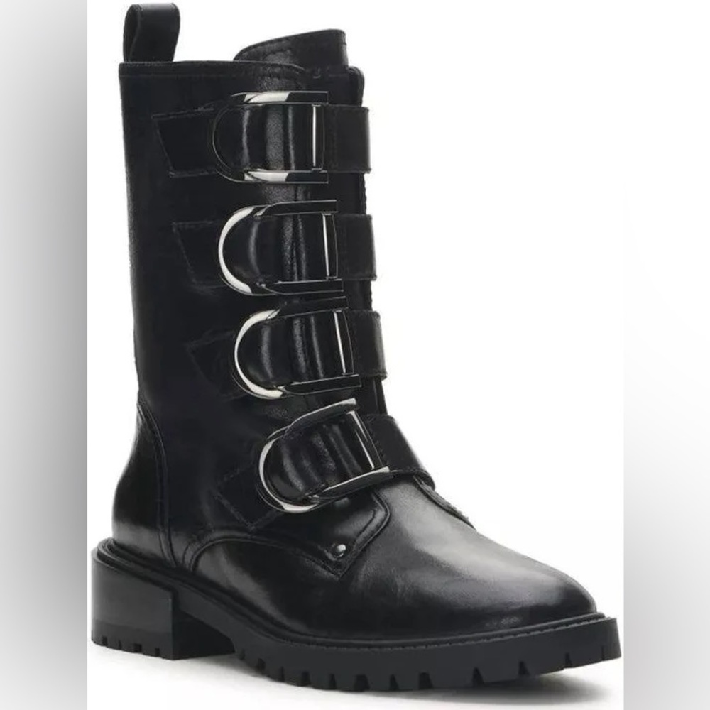 Vince Camuto Black Leather Combat Boots with Buckle Straps